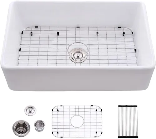 Miniatura 10 de Fregadero de cocina de arcilla refractaria de 33 pulgadas, 33 x 20 pulgadas, color blanco, delantal frontal de cerámica de porcelana de campo