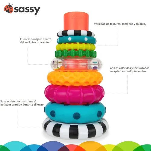 Miniatura 3 de Anillo de apilado de pilas de círculos de Sassy, juguete de aprendizaje STEM, a partir de 6 meses, multicolor, juego de 9 piezas
