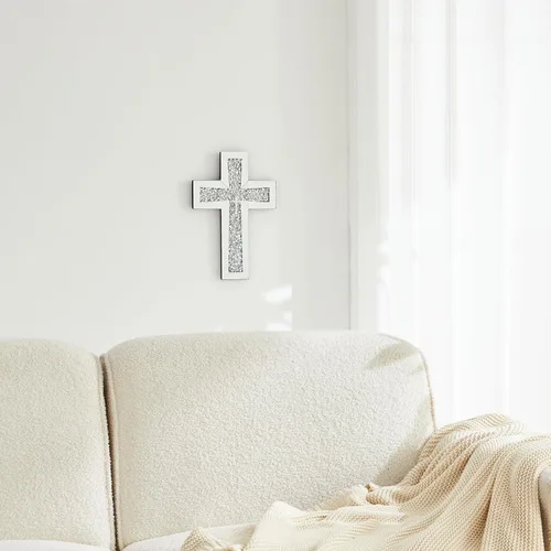 Miniatura 9 de Aeveco Cruz de Pared para Decoración, Cruz Espejo Plateada para Sala de Estar, Cruces de Espejo con Diamantes de Cristal Triturados, Arte Religioso