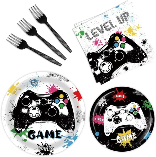 96 platos y servilletas de videojuegos – Suministros para fiesta de jugadores – Sube de nivel para decoraciones de fiesta de cumpleaños
