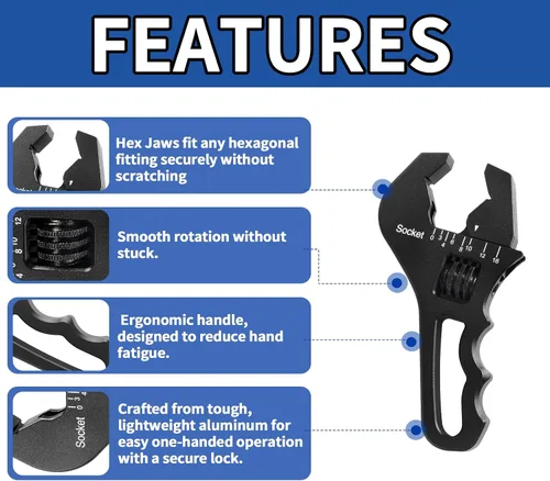 Miniatura 4 de Llave de accesorios AN 3AN-16AN Llave AN ajustable de aluminio ligero, tamaño compacto, negro (con almohadillas de mordaza de nylon de 4")