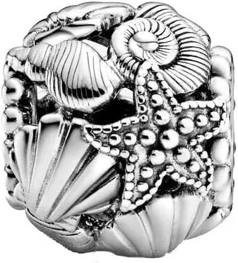 Miniatura 2 de Abalorio de plata de ley con diseño de estrella de mar, conchas de mar y corazones, diseño tropical