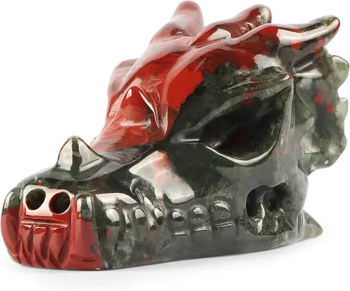 SMQ Estatua de calavera de cabeza de dragón de cristal de 2 pulgadas, tallada a mano, piedra de sangre de África, piedras preciosas realistas de