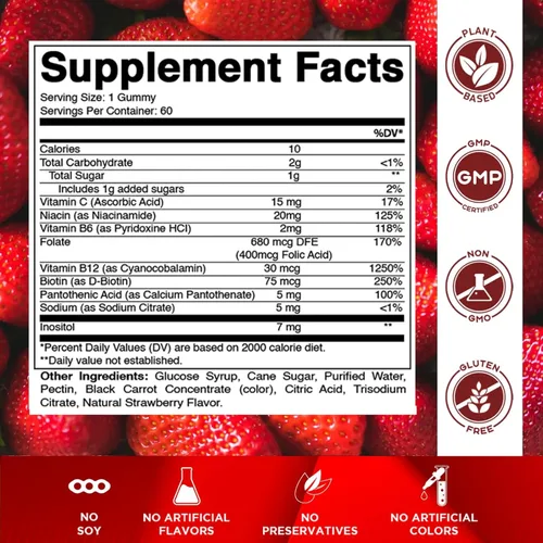 Miniatura 2 de Gomitas con complejo de vitamina B de Vitamatic con vitamina C e inositol - Sabor natural a fresa - 60 gomitas (3 botellas)