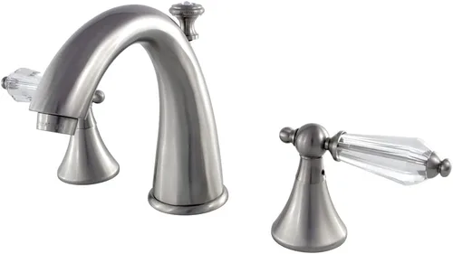 Kingston Brass KS2978WLL Grifo de lavabo generalizado con manija de palanca de cristal, 5-1/2 pulgadas en alcance de la boquilla, níquel cepillado