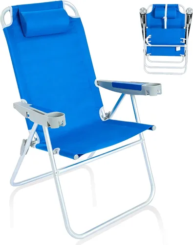 Miniatura 17 de SUNNYFEEL Silla de Playa Plegable Extra Ancha de 28", 5 Posiciones Completamente Reclinable, Silla de Camping Portátil de 17" de Alto con Portavasos
