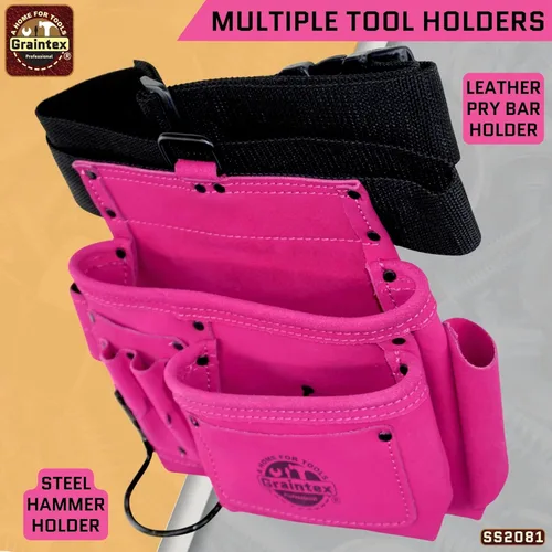 Miniatura 5 de Graintex Cinturón/Bolsa de herramientas de piel de ante de 5 bolsillos Rosa Cinturón de herramientas de cuero multiusos para mujeres y hombres