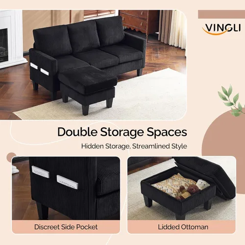 Miniatura 5 de VINGLI Sofá en forma de L de 68.5 pies con otomana de almacenamiento móvil, sofá modular convertible en tela de pana suave, moderno sillón Negro
