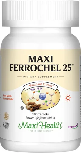 Maxi Health Suplemento de hierro - Suplementos suaves de hierro para hombres y mujeres - fumarato ferroso - Ferrochel 25 mg para anemia y producción