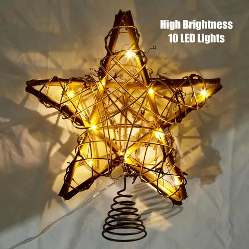 Miniatura 2 de LAWOHO Estrella para la Copa del Árbol de Navidad, Ratán Natural Marrón Rústico de 10 Pulgadas con 10 Luces Blancas Cálidas, Tres Funciones