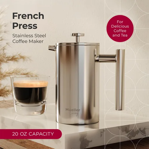 Miniatura 2 de MuellerLiving - Cafetera de prensa francesa MuellerLiving de 20 oz, prensa francesa de café de acero inoxidable, 4 filtros resistentes al calor