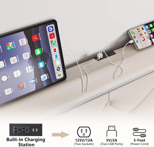 Miniatura 4 de Benevika Base de cama tamaño full con 4 cajones y luz LED, estación de carga, cama de plataforma de almacenamiento tapizada en cuero PU con cabecera