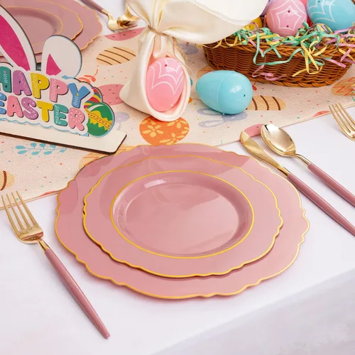 Miniatura 7 de NERVURE - 102 platos de plástico dorados, diseño de cristal transparente, desechables, para fiestas de boda; incluye 51 platos de plástico para cena