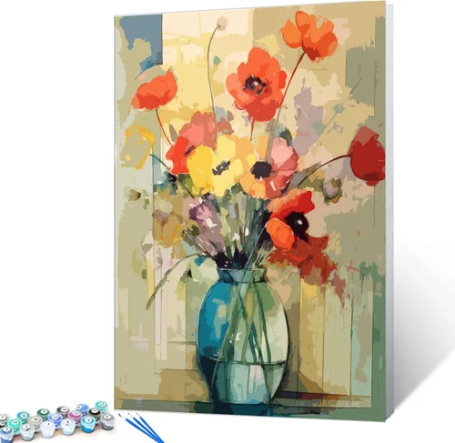 Tucocoo Kits de pintura floral de amapola por números con pinceles y pigmento acrílico sobre lienzo para adultos, hermosos jarrones, flores, Obras