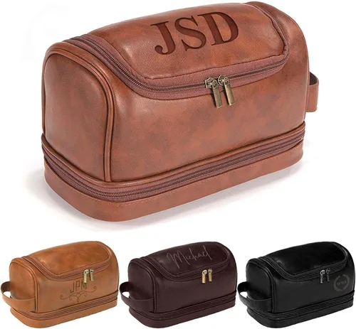 Bolsa de aseo personalizada para hombres, kit de viaje de gran capacidad, cuero PU de color vintage, iniciales de nombre personalizadas, regalos