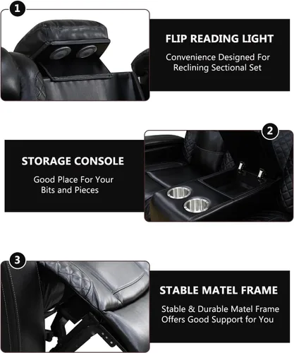 Miniatura 5 de Sofá reclinable eléctrico, sillón reclinable de cuero con LED/almacenamiento, sillón reclinable de cine en casa de 3 plazas, sofá de cuero negro