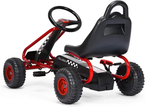 Miniatura 6 de HONEY JOY Go Kart para niños, carrito de 4 ruedas alimentado por pedal con volantes y asiento ajustable, freno de mano de seguridad, neumáticos Rojo