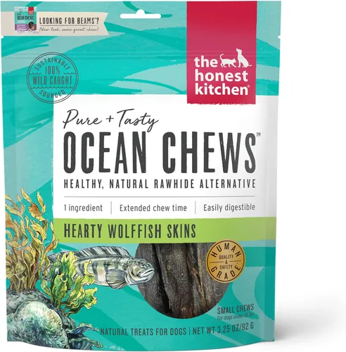 The Honest Kitchen Golosinas para perros Human Grade Ocean Chews™ Hearty Wolffish Skins, 3.25 oz (Beams™)
