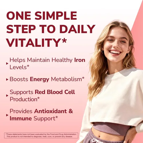 Miniatura 4 de Vitalibre Suplemento de hierro para mujeres y hombres, 65 mg, sulfato ferroso, vitamina C, D3, B6, B12, folato, raíz de remolacha, espinacas