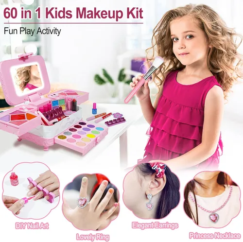 Miniatura 8 de Kit de maquillaje 60 en 1 para niños, con espejo de maquillaje LED de 3 colores real lavable, juegos de maquillaje para niñas de 5 a 8 años, regalo