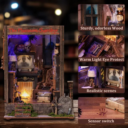 Miniatura 2 de Kit de rincón de libro, kit de casa de muñecas en miniatura 3D de madera para adultos, la cámara fantasma embrujada Booknook con luz LED