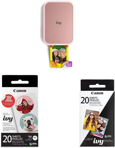 Canon Ivy 2 Mini impresora fotográfica, papel adhesivo circular precortado rosa rubor y Ivy Zink, 20 hojas y paquete de papel fotográfico Zink, 20