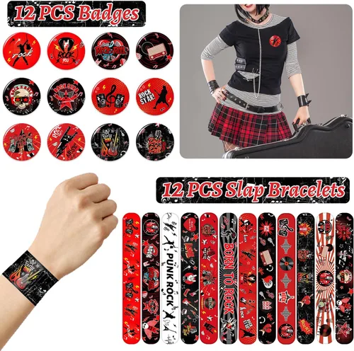Miniatura 4 de Recuerdos de fiesta de Rock and Roll, decoraciones de suministros de estrella de rock incluye 12 llaveros, 12 insignias, 12 pulseras, 12 bolsas, 12
