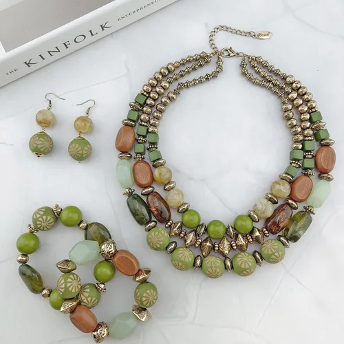 Miniatura 2 de Conjunto BOCAR de collar robusto de 3 capas con cuentas de múltiples y aretes, para mujer
