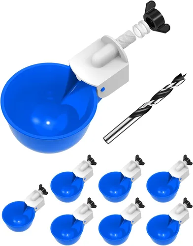 Vasos para beber pollo (paquete de 8) con broca de 3/8 pulgadas, color azul | Automatic Poultry Drinker Feeder Kit for Chickens, Ducks, Turkeys,