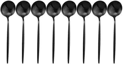 JASHII Juego de cubiertos de acero inoxidable de 8 piezas, color negro pulido con espejo, cuchara de sopa para 8 personas, apto para lavavajillas