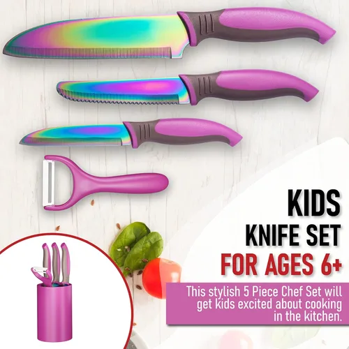 Miniatura 7 de TruChef Juego de 5 piezas de cuchillos para niños para cocina real Cuchillos de chef, de pelar y serrados de acero inoxidable con pelador y Juego