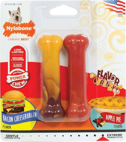Nylabone Power Chew Flavor Frenzy - Juguetes masticables duraderos para perros, sabor a hamburguesa con queso y tarta de manzana, tamaño