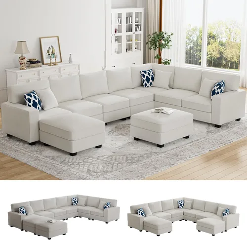 Miniatura 13 de Legend Vansen - Sofá modular seccional en forma de U con otomano, moderno, reversible, de esquina, para sala de estar (Créma, Sofá en forma de U-3)