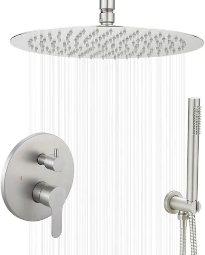 Miniatura 25 de Sistema de ducha montado en el techo de 10 pulgadas, juego de mezclador de lluvia, sistema de cabezal de ducha de lluvia, grifo de ducha de níquel