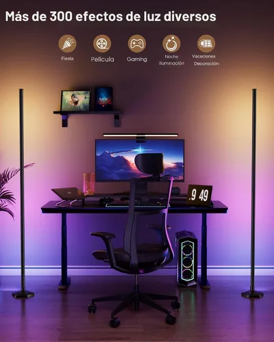 Miniatura 6 de Lámpara de pie de esquina de 2 piezas, luz RGB de 65 pulgadas que cambia de color con control remoto, lámpara de esquina LED regulable con negro