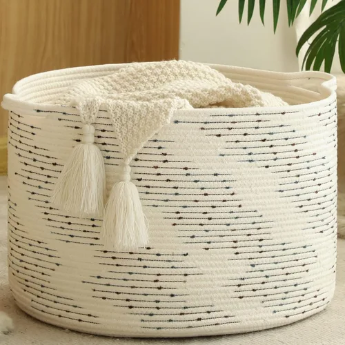 Miniatura 9 de KAKAMAY Cesta grande para manta (20 x 13 pulgadas), cestas tejidas para almacenamiento de ropa sucia de bebé, canasta de manta de cuerda de algodón