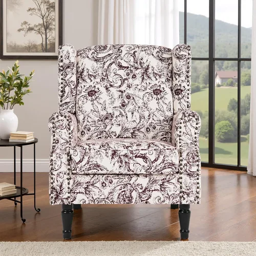 Miniatura 45 de Silla reclinable tapizada, sillón de ala floral con respaldo y reposapiés ajustables, cómoda silla decorativa para leer, sofá individual
