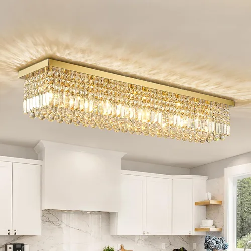 Miniatura 13 de Siljoy Candelabro de Cristal Moderno de 6 Luces Rectangular Dorado K9 Candelabro de Cristal en Forma de Gota de Lluvia para Comedor, Lámpara