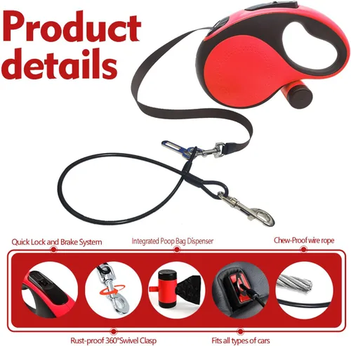 Miniatura 3 de Correa retráctil para perro de 26 pies con cable a prueba de mordidas, correa resistente con bolsas extraíbles para excrementos para perros medianos