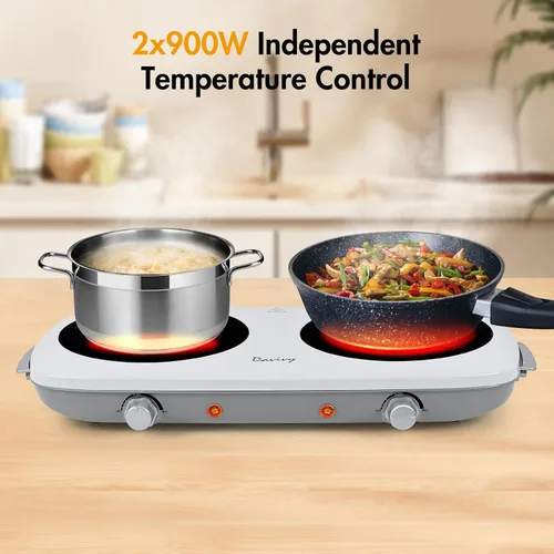 Miniatura 5 de Davivy Placa eléctrica de doble quemador, estufa eléctrica portátil de 1800 W (2 x 900 W), placa de cocina de 2 quemadores con vidrio de cerámica