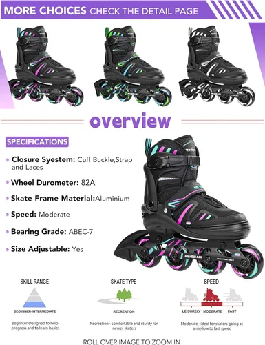 Miniatura 7 de METROLLER Patines en línea ajustables para niñas y niños con ruedas iluminadas, patines en línea para niños y jóvenes, cuchillas divertidas