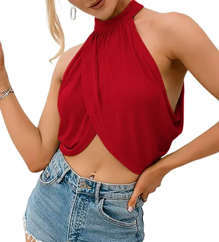 Miniatura 3 de LYANER Top corto sin mangas con cuello halter y espalda descubierta sexy para mujer