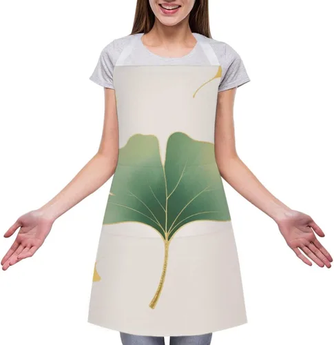 Miniatura 3 de MUSM Apron for Adults - 27.6 X 31.5 Inch, Heavy-Duty Polyester Aprons with Two Large Pockets, Waterproof Green Ginkgo Leaves Kitchen Apron for