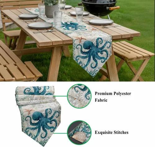 Miniatura 7 de Camino de mesa de verano pequeño de 13 x 36 pulgadas, acuarela azul, lino y algodón, pulpo de animales marinos, manteles retro con temática náutica