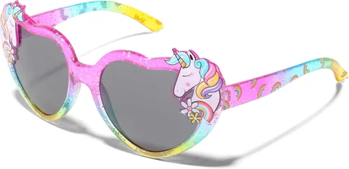 ShadyVEU Gafas de sol para niños con forma de corazón, diseño de unicornio con purpurina y arco iris, para fiesta mágica, a prueba de roturas, para