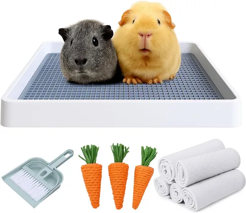Miniatura 10 de PODOO Caja de arena para conejos, bandeja de entrenamiento para conejillos de indias y mascotas pequeñas, espaciosa bandeja de rejilla con entrada