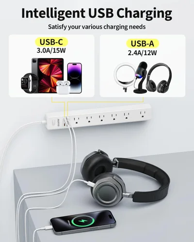 Miniatura 4 de Regleta protectora contra sobretensiones de 10 pies, 7 tomacorrientes, 4 puertos USB (2 USB C), cable de extensión plano ultrafino y enchufe plano