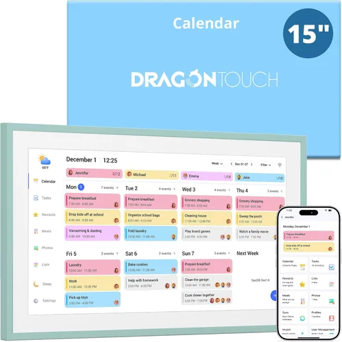Dragon Touch Calendario digital de 15.6 pulgadas y tabla de tareas, planificador familiar inteligente con pantalla táctil interactiva, marco de
