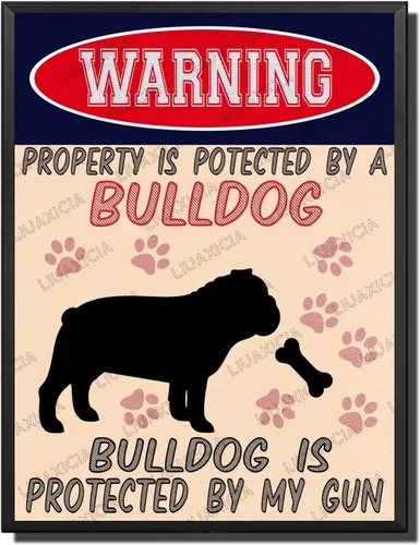 Miniatura 36 de LIUAXICIA Letreros divertidos de metal con texto en inglés "Warning Property is Potected by A American Bulldog is Protected by My Gun" The Coffee