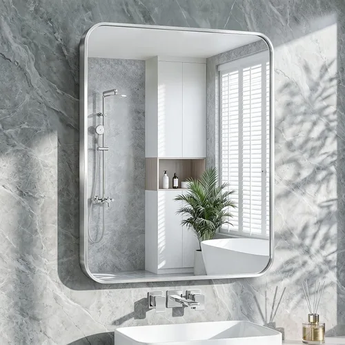 Miniatura 40 de Koonmi Espejo de baño, 30 x 30 pulgadas, espejo con marco de metal negro para baño, vidrio templado, antioxidante, espejo rectangular redondeado